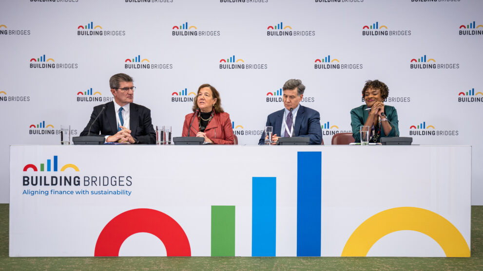 Press Conference Building Bridges 2024. From left: Patrick Odier, Mindy Lubber, Dan Esty, Jan-Yves Remy